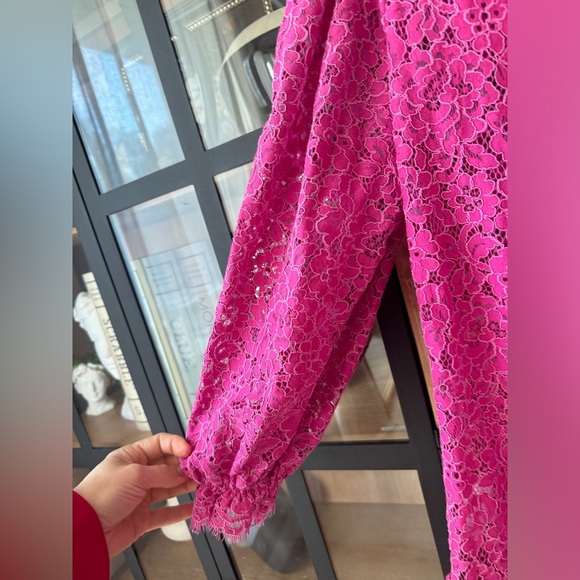 J. CREW lace long sleeve mini dress mock neck ruffle drop hem a-line bump pink - Picture 9 of 10